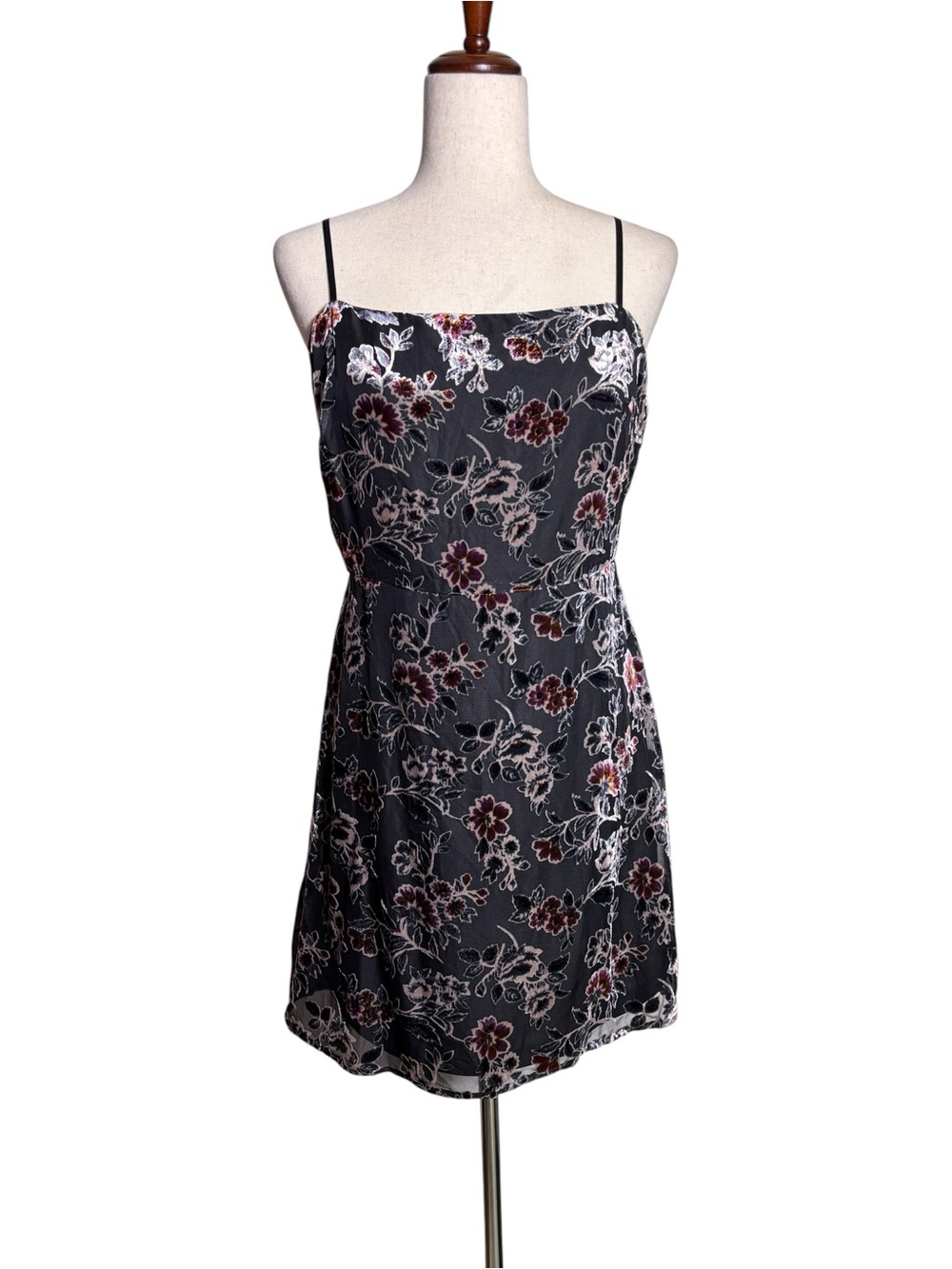 NWT Lush Velvet Burnout Floral Slip Dress Black Burgundy Blue Large